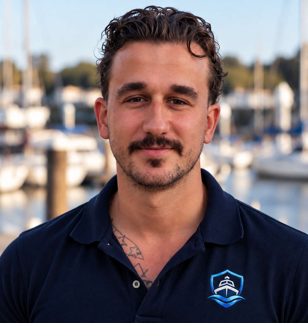 MyDeckhand's founder at the marina, wearing the MyDeckhand logo