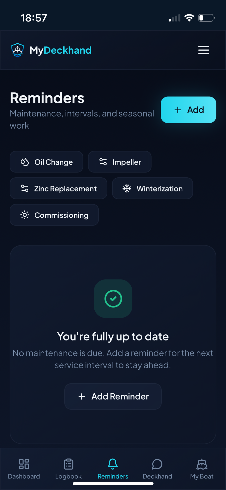 Reminders screen in MyDeckhand showing service interval reminders
