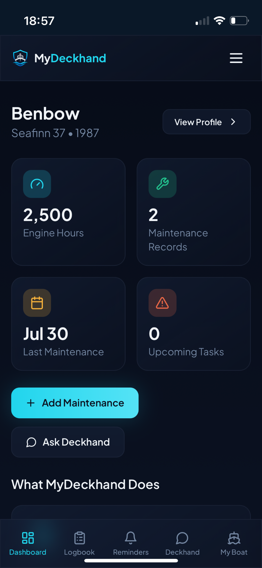 MyDeckhand app dashboard showing engine hours, maintenance records and upcoming tasks