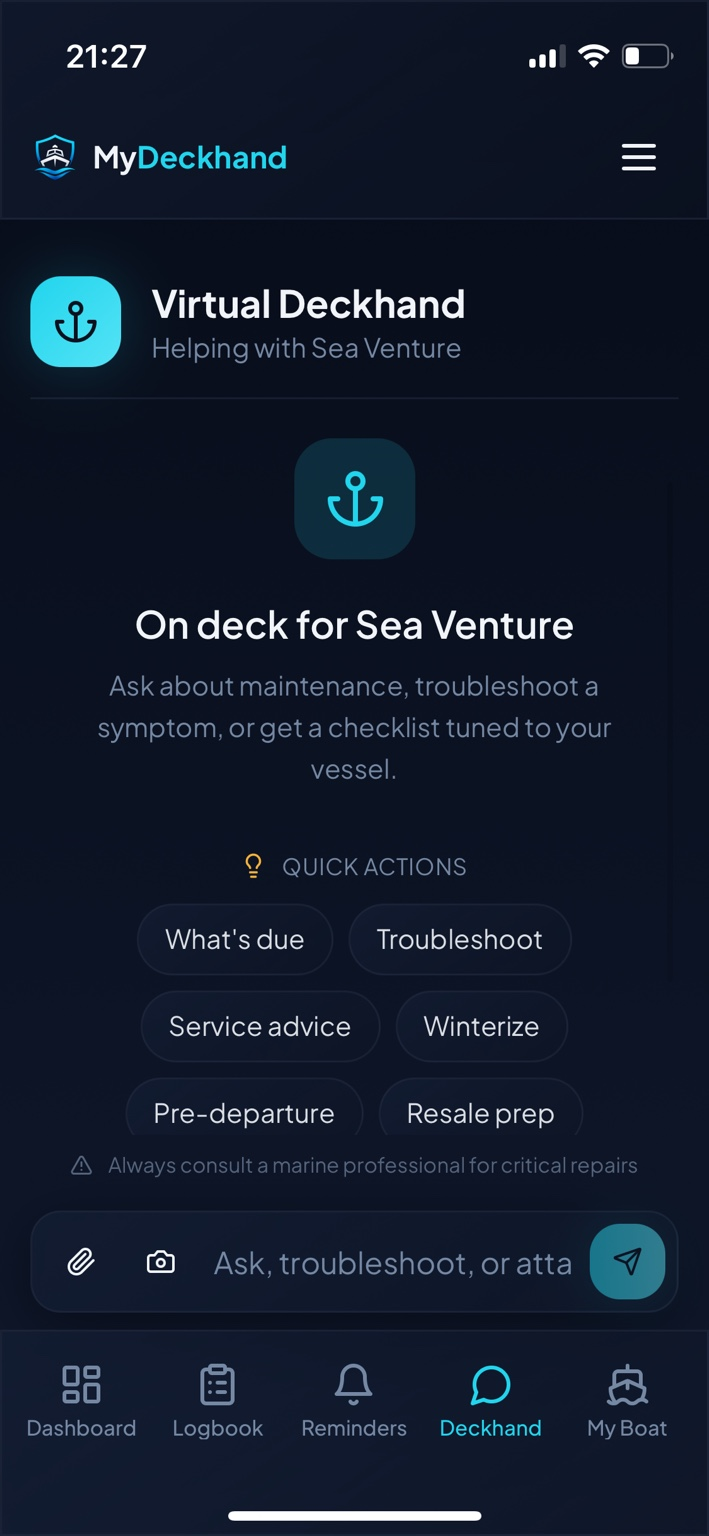 The Virtual Deckhand screen in MyDeckhand with quick actions such as What's due and Troubleshoot