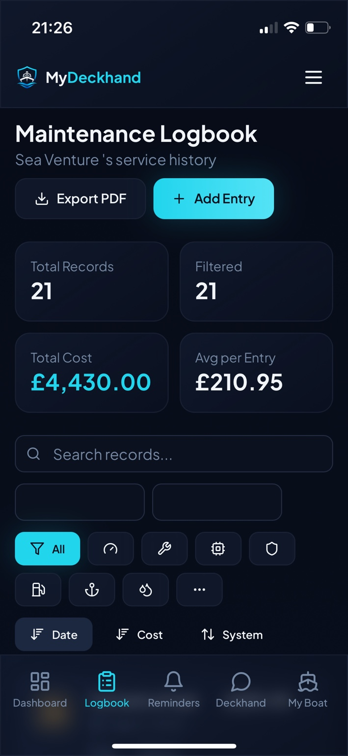 MyDeckhand maintenance logbook showing service records, totals and filters
