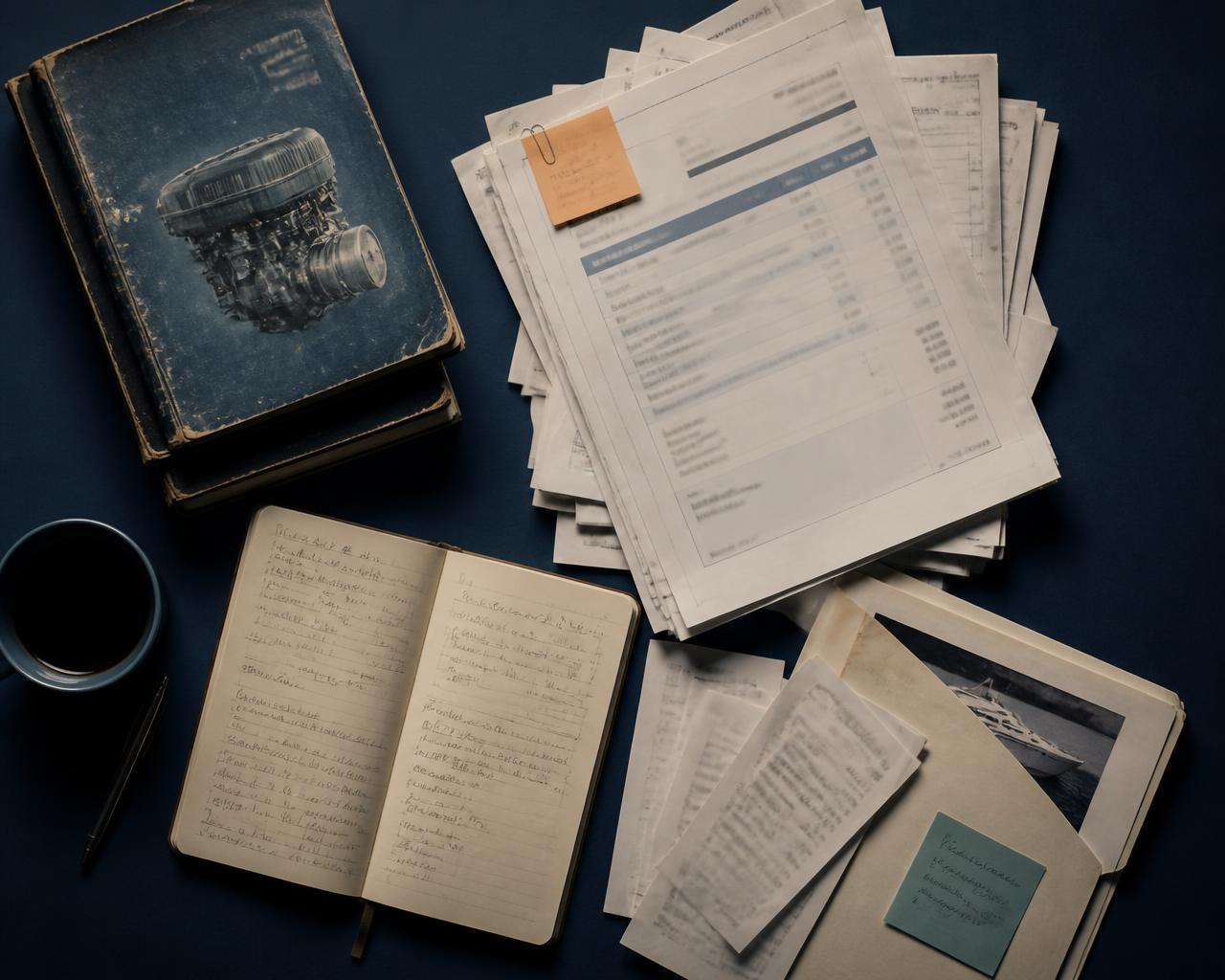 Boat service invoices, an engine manual and handwritten notes scattered on a desk