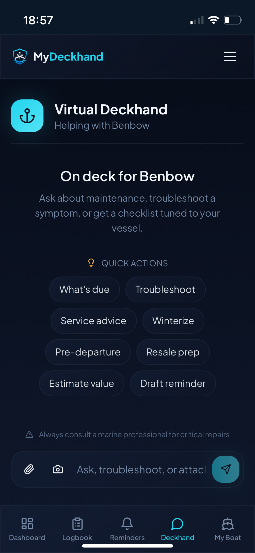 The Virtual Deckhand screen in MyDeckhand with quick actions such as What's due and Troubleshoot
