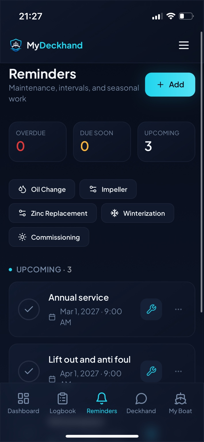 Reminders screen in MyDeckhand showing service interval reminders