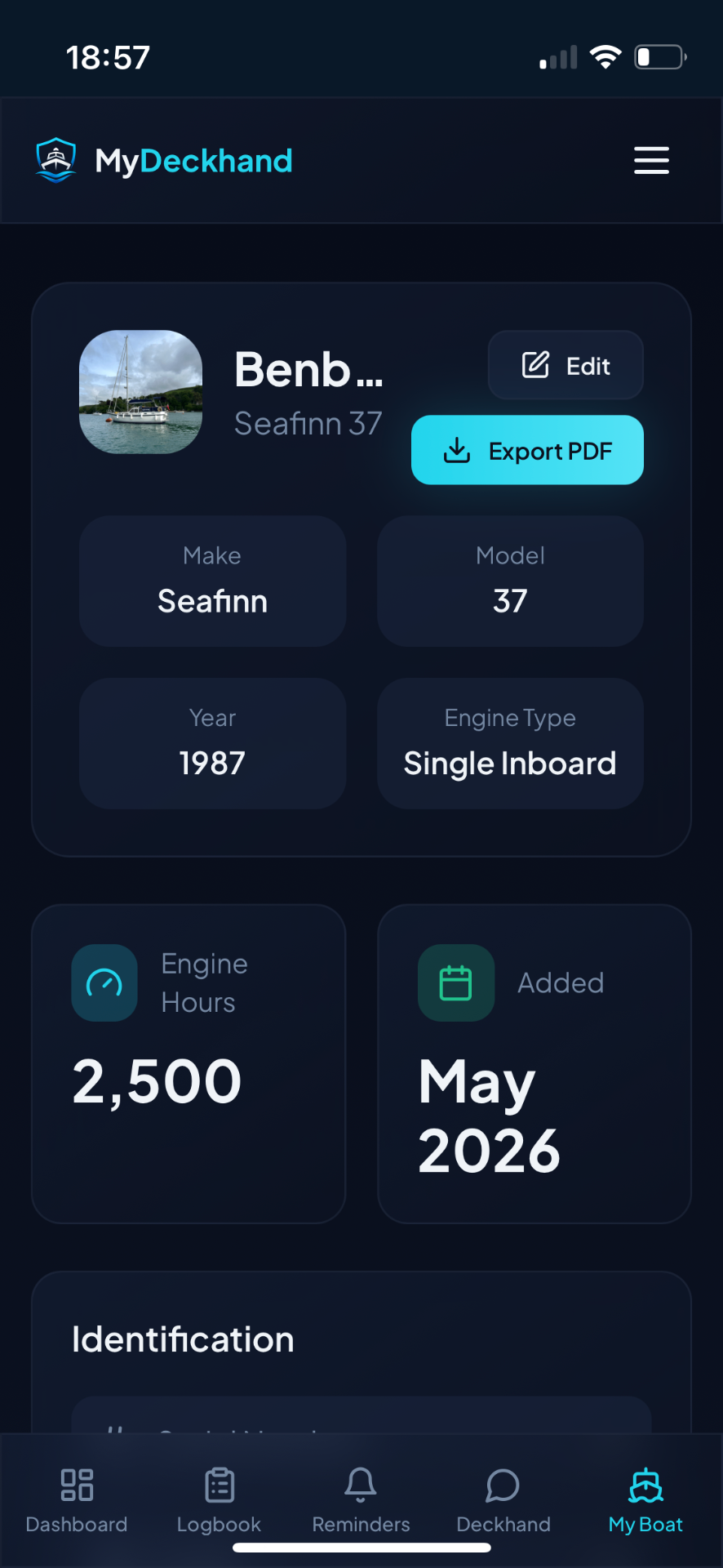 MyDeckhand boat profile showing make, model, year, engine hours and identification records