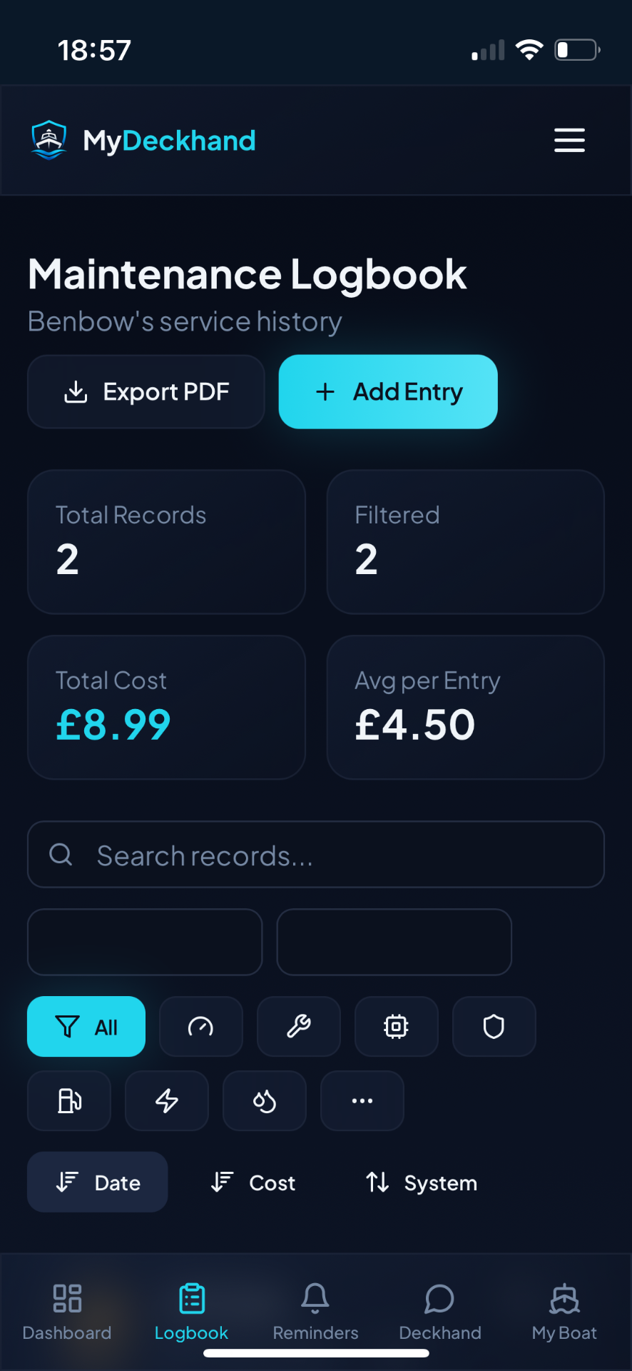 MyDeckhand maintenance logbook showing service records, totals and filters